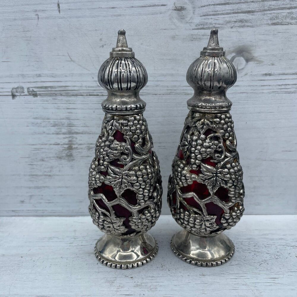 Vtg Godinger Silver Art Co Grape Silver Plate Red Glass Salt Pepper Shaker Set